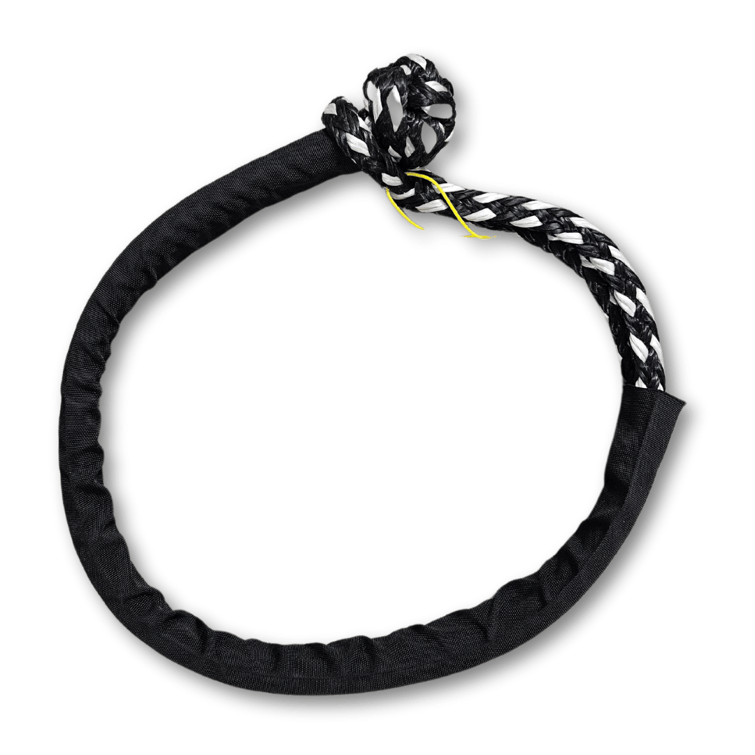 Black soft shackle strap with braided loop and yellow label