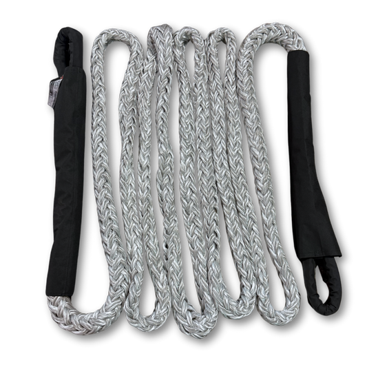 Static recovery rope strop, braided light-gray rope with black protective sleeves