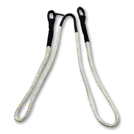 Braided bridle rope with white and yellow strands and black looped ends