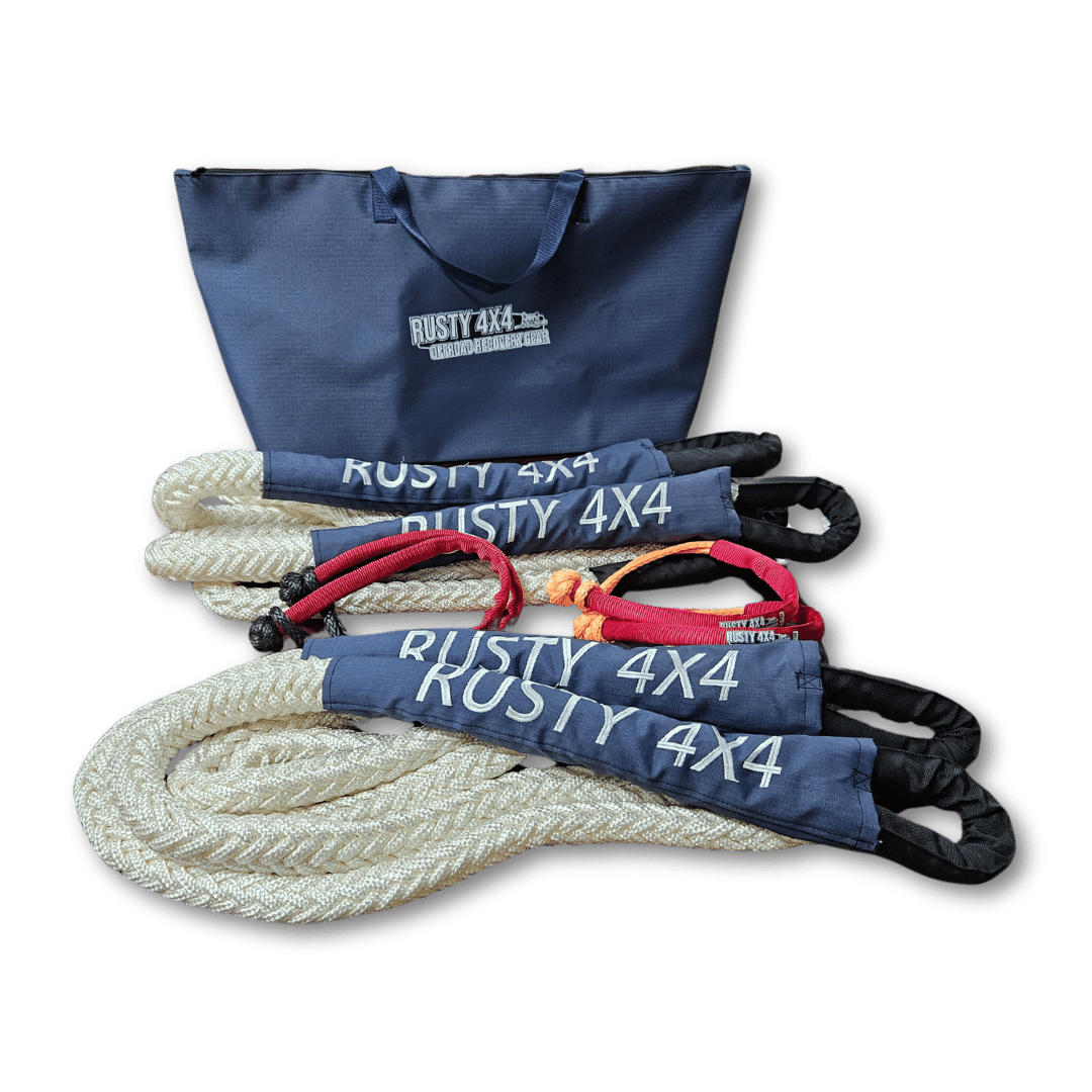 Kinetic recovery kit with blue carry bag, ropes, and red and black straps