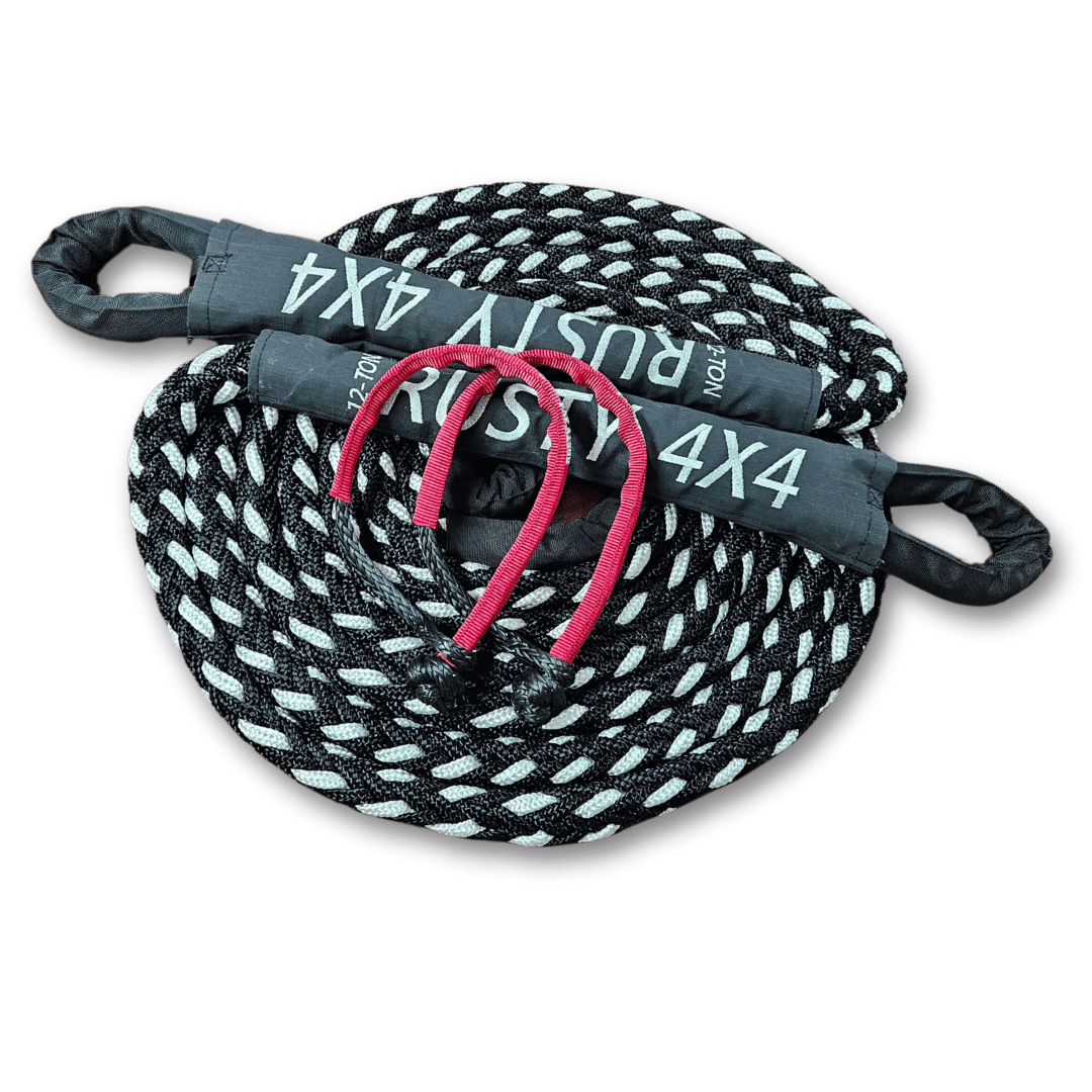Small recovery strap with black-and-white braided rope and pink tie-down loops
