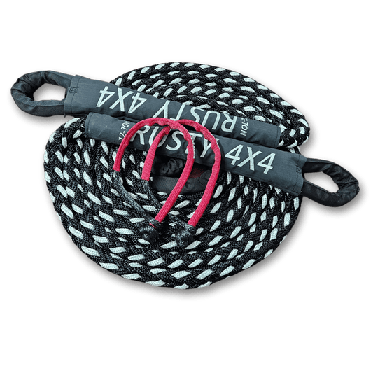 Small recovery strap with black-and-white braided rope and pink tie-down loops