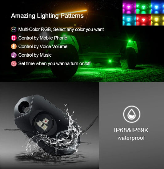 Aurora RGB rock lights, four-pod set — colour-pattern and waterproofing feature overview