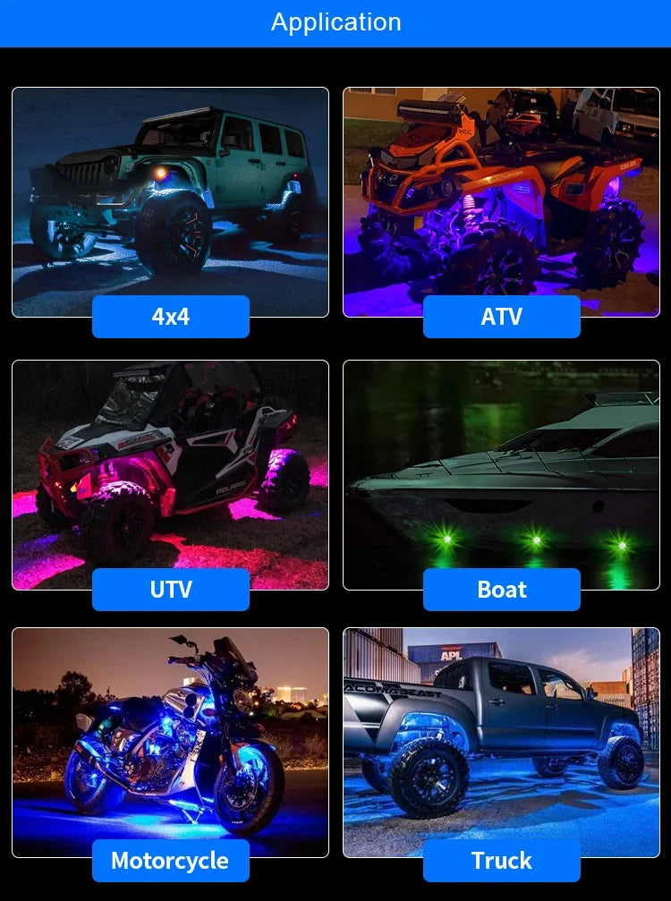 Aurora RGB rock lights, four-pod set — rock lights shown on car, ATV, boat, motorcycle and truck
