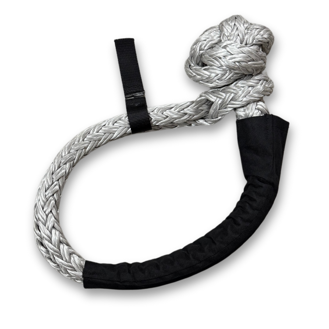 Soft shackle braided eye with black webbing strap and protective sleeve