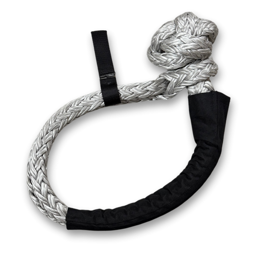 Soft shackle braided eye with black webbing strap and protective sleeve