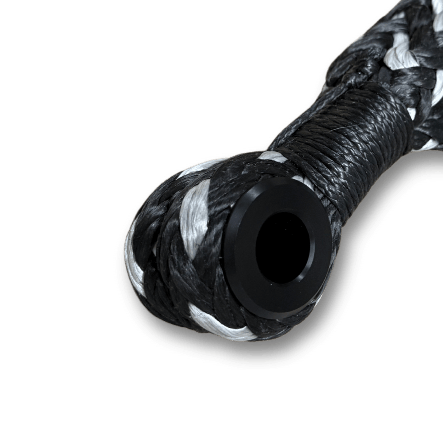 Tow hitch recovery soft shackle with black braided rope, black metal loop, white stripe