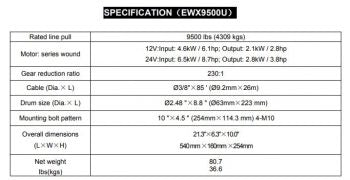 RUNVA WINCH - Steel Cable 9500lbs (4 309Kg) 12V