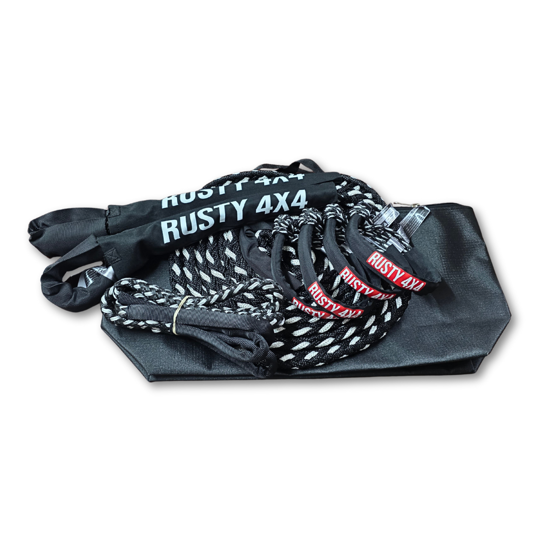 Light SUV recovery kit pouch with braided rope, straps, and RUSTY 4X4 labels