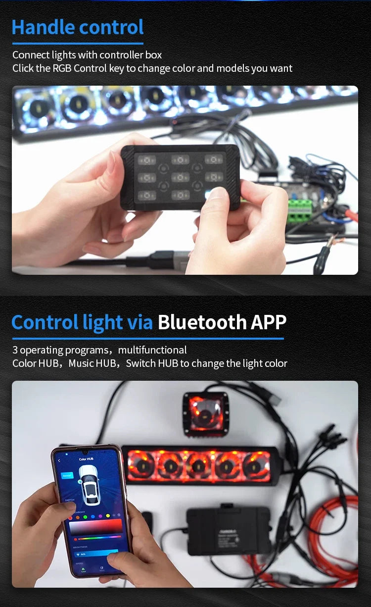 Aurora universal 9-gang LED switch panel — hand-held panel control and Bluetooth app examples