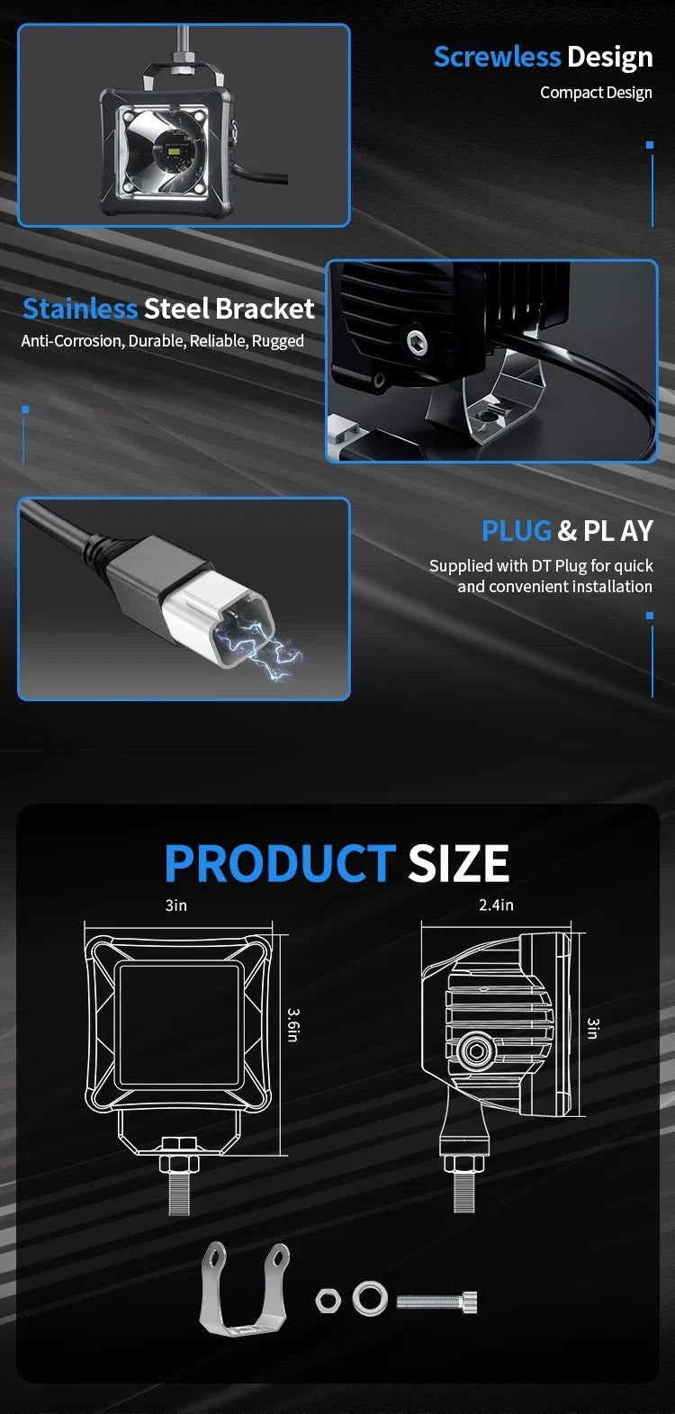 Aurora 3-inch white and amber auxiliary lights — mounting, connector and product-dimension details