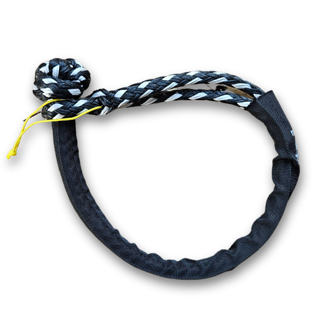 Soft shackle loop with braided knot end and yellow cord, dark webbing