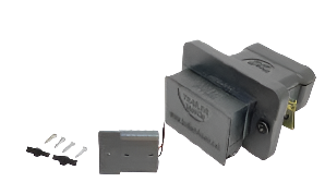 Electrical connector kit with gray box and black connectors on a white background