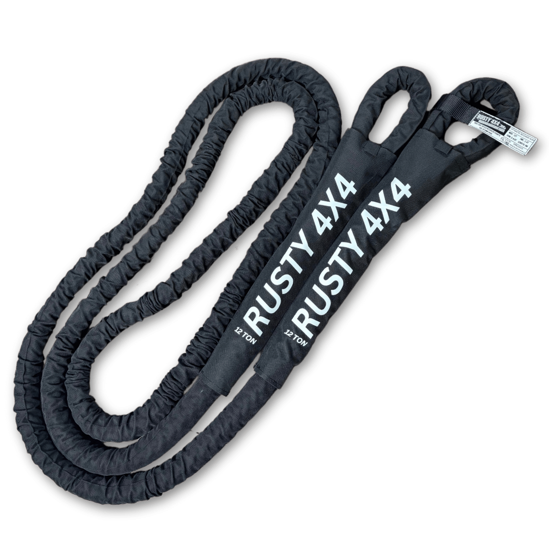 4x4 recovery rope set with two looped straps and RUSTY 4X4 labels