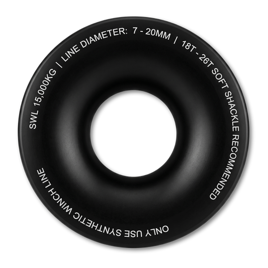 Black synthetic winch rope ring with central hole, white capacity and line size markings