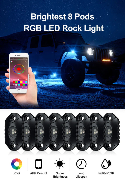 Aurora RGB LED Rock Lights – 8 Pod Set | Bluetooth