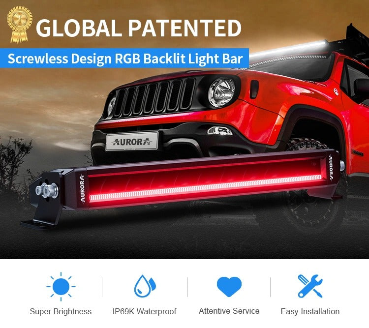 Aurora 40-inch screwless RGB-backlit LED light bar — red-backlit bar installed on an off-road vehicle
