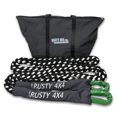 Kinetic recovery rope with black and white braided rope and black RUSTY 4X4 bags.