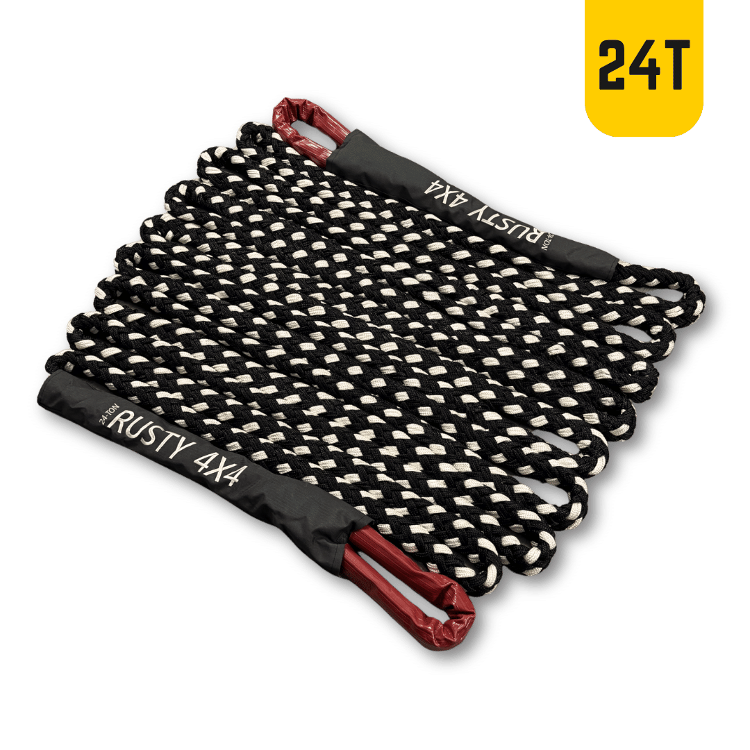 Kinetic recovery rope bundle with black-and-white braided strands and red end straps