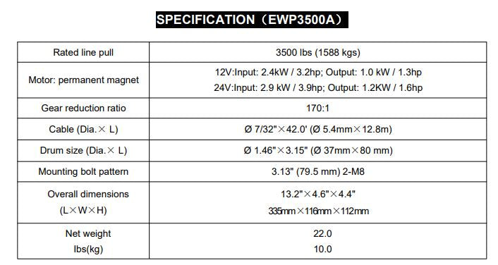 Runva Winch 12V with Steel Cable (3 500LBS = 1 588KG)