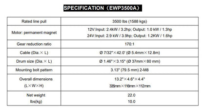 Runva Winch 12V with Steel Cable (3 500LBS = 1 588KG)