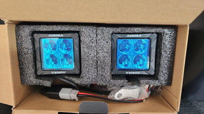 Aurora 3-inch amber LED flood lights — pair of amber flood lights and wiring packed in foam