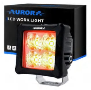 Aurora 3-inch amber LED flood lights — single amber flood light beside its retail box