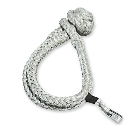 Soft shackle replacement, braided white rope loop with black ends and attached metal tag