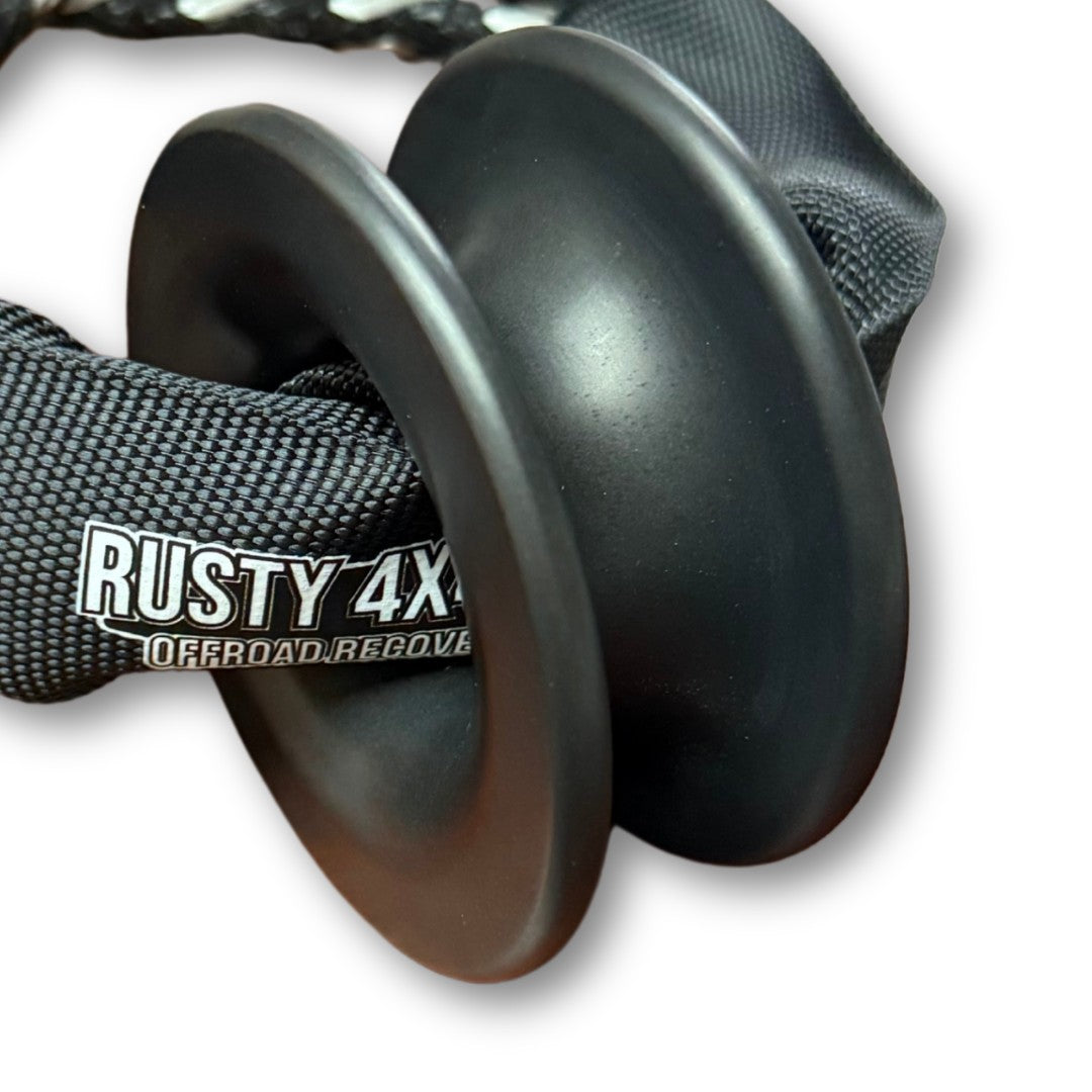 Steel winch ring with braided black strap, RUSTY 4X4 Offroad Recovery text