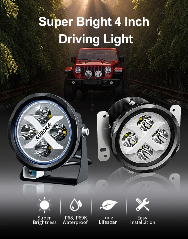 Aurora 4-inch RGB LED flood lights — pair with product-feature icons