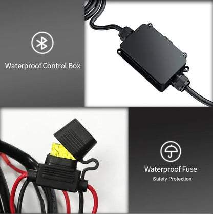 Aurora RGB rock lights, four-pod set — waterproof control box and inline fuse details