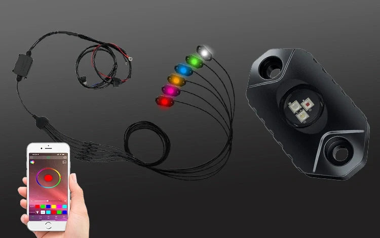 Aurora RGB rock lights, four-pod set — phone-controlled lighting system and wiring