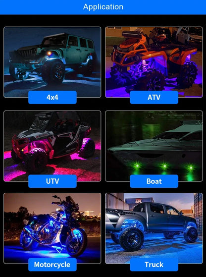 Aurora RGB rock lights, four-pod set — rock lights shown on car, ATV, boat, motorcycle and truck