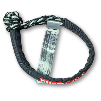 Fuse soft shackle with gray braided loop, dark webbing strap, metal tag and Rusty 4x4 logo