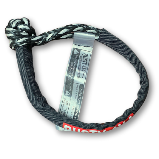 Fuse soft shackle with gray braided loop, dark webbing strap, metal tag and Rusty 4x4 logo