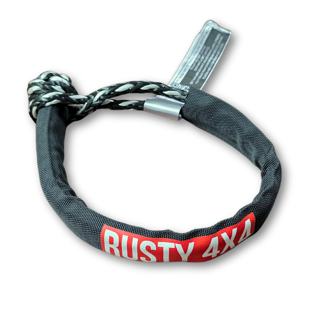 Fuse soft shackle loop with gray braided rope and dark strap, Rusty 4x4 logo