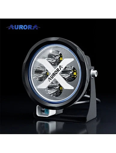 Aurora 4-inch RGB LED flood lights — front product view with white cross-shaped light