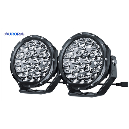 Aurora 7-inch high-lux driving lights — pair of driving lights with wiring visible