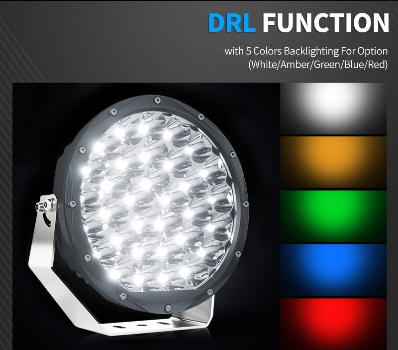 Aurora 7-inch high-lux driving lights — white, amber, green, blue and red DRL examples