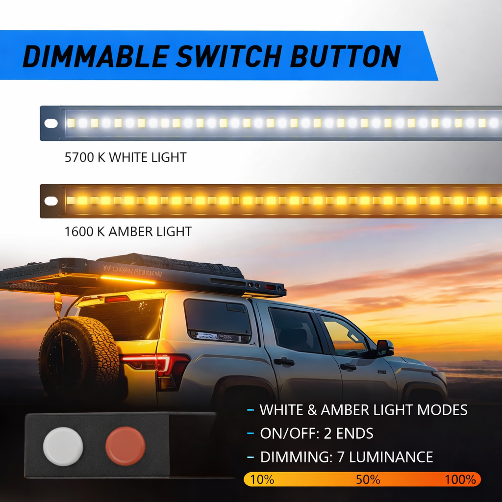 Aurora dimmable camping light — white and amber modes above a vehicle-awning example