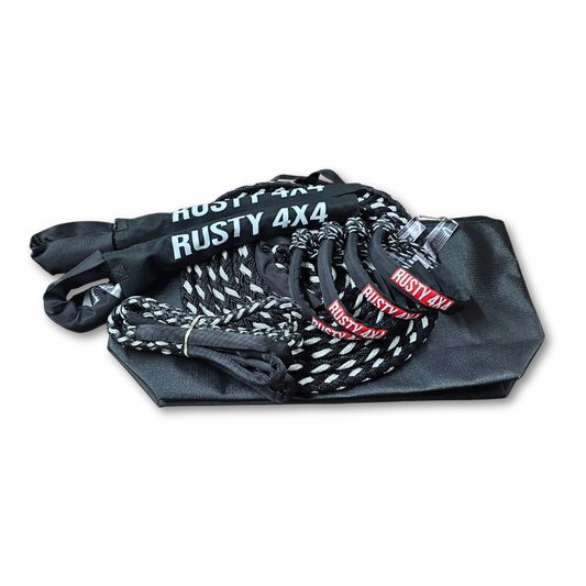 Light SUV recovery kit pouch with braided rope, straps, and RUSTY 4X4 labels