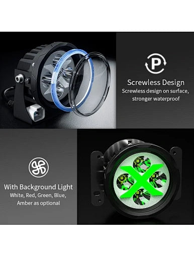 Aurora 4-inch RGB LED flood lights — screwless lens ring and green backlight details