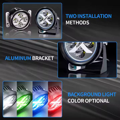 Aurora 4-inch RGB LED light — two mounting methods and optional backlight colours