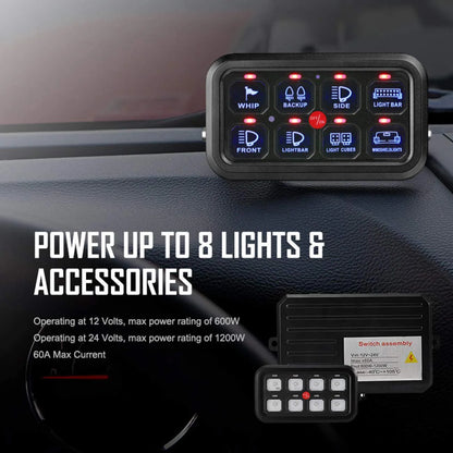 Universal 8-gang LED switch panel — dashboard-mounted panel beside the relay and fuse box