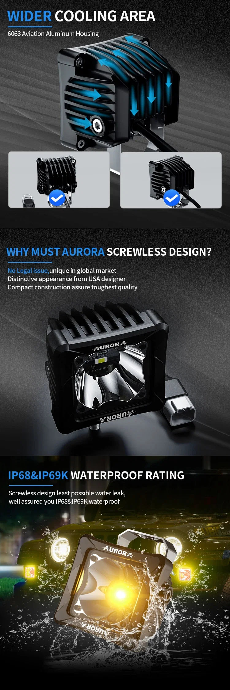 Aurora 3-inch white and amber auxiliary lights — cooling, waterproofing and operating-light views
