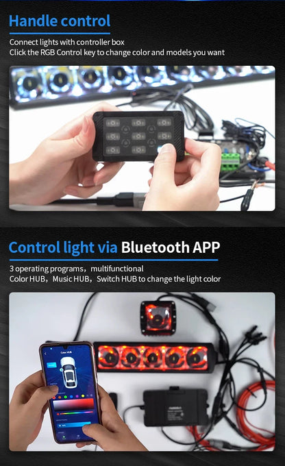 Aurora universal 9-gang LED switch panel — hand-held panel control and Bluetooth app examples