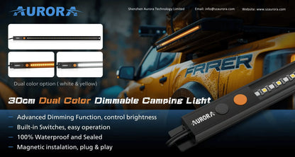Aurora dimmable camping light — feature graphic beside an off-road vehicle