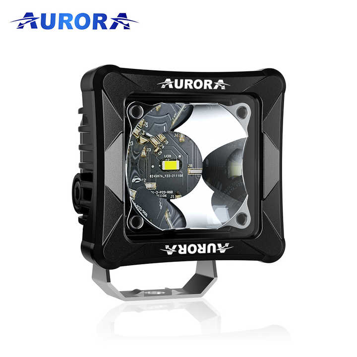 Aurora 3-inch white and amber auxiliary lights — angled front view of the square auxiliary light
