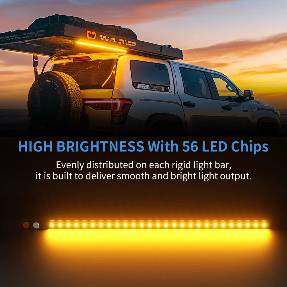 Aurora dimmable camping light — amber light illuminating a vehicle awning