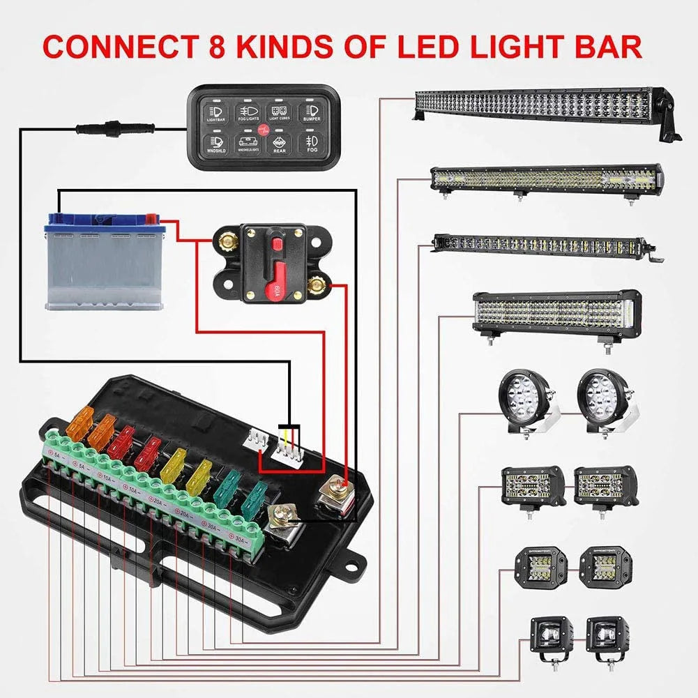 Universal 8-gang LED switch panel — wiring diagram for eight supported auxiliary-light circuits